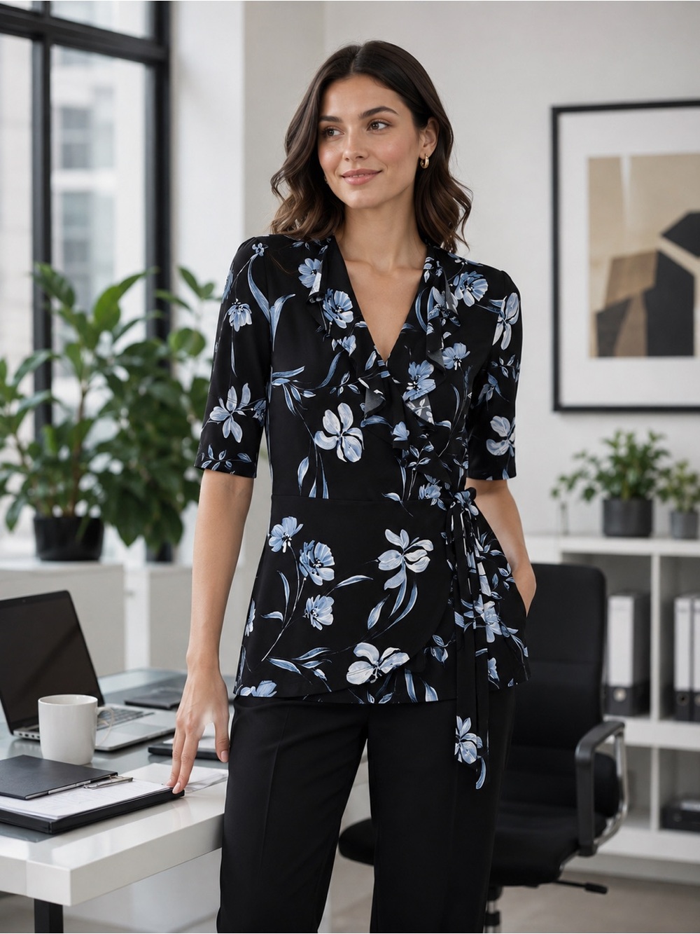 The Limited Wrap Blouse with Pale Blue Floral Print